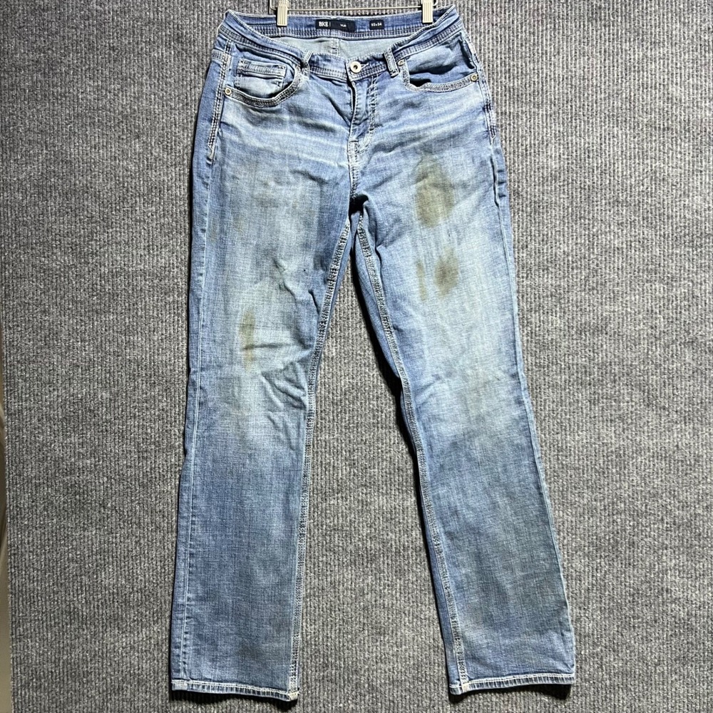 BKE Tyler Jeans Mens 32x34 Blue Light Wash Straight Leg Stained Distressed Denim
